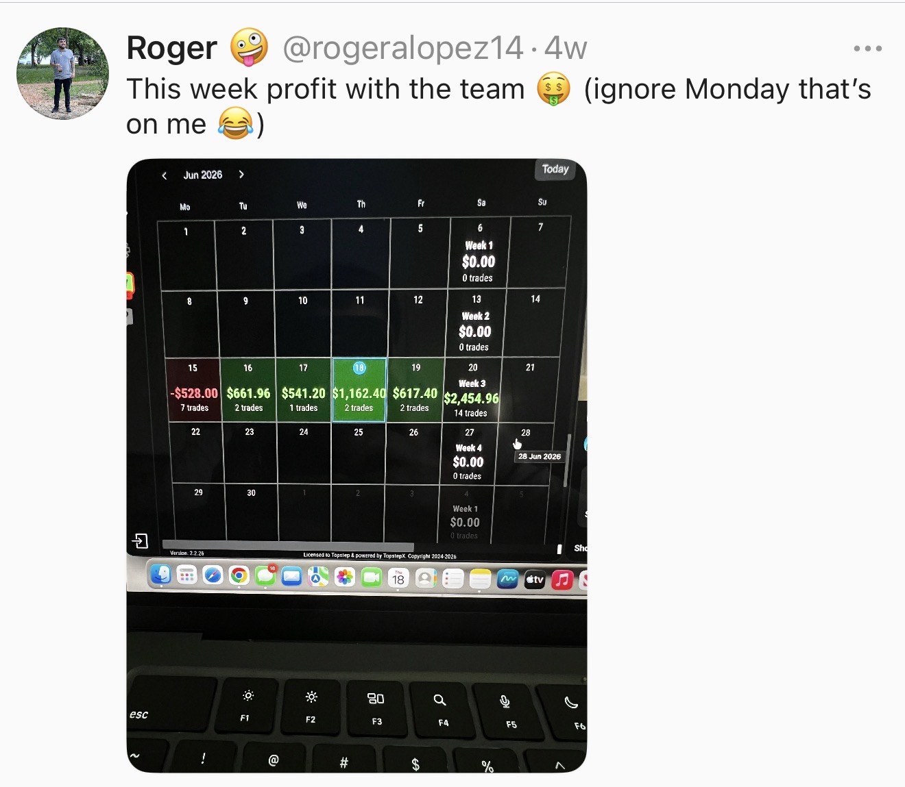@rogeralopez14 β Week profit with the team β $2,454.96 in Week 3