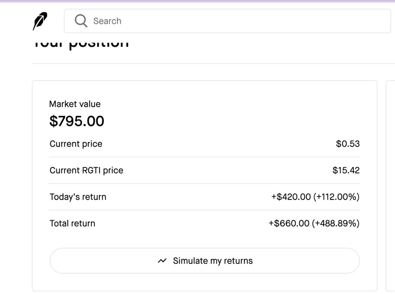 Robinhood position showing +$420 today's return and +$660 total return, a 488.89% gain