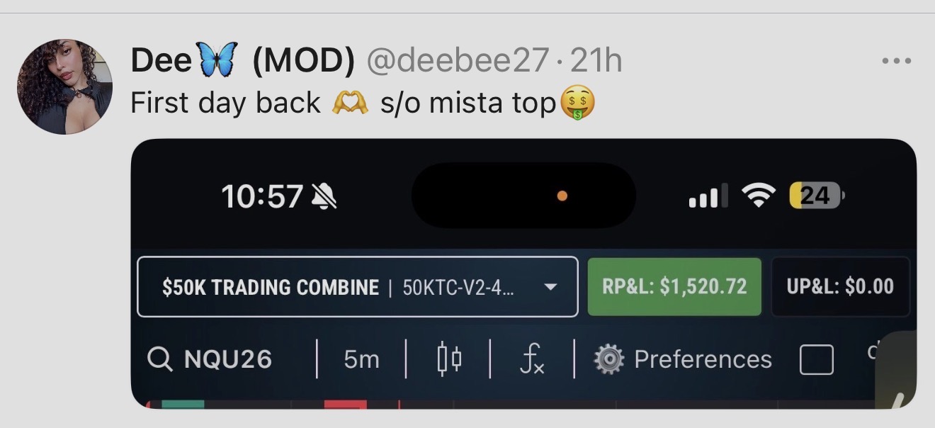 @deebee27 β First day back β RP&L $1,520.72 on the $50K Combine