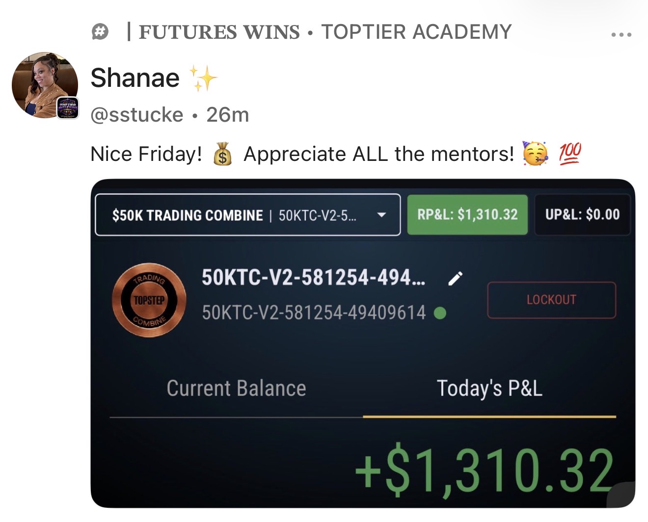 @sstucke β Nice Friday! π° RP&L $1,310.32 on the $50K Combine