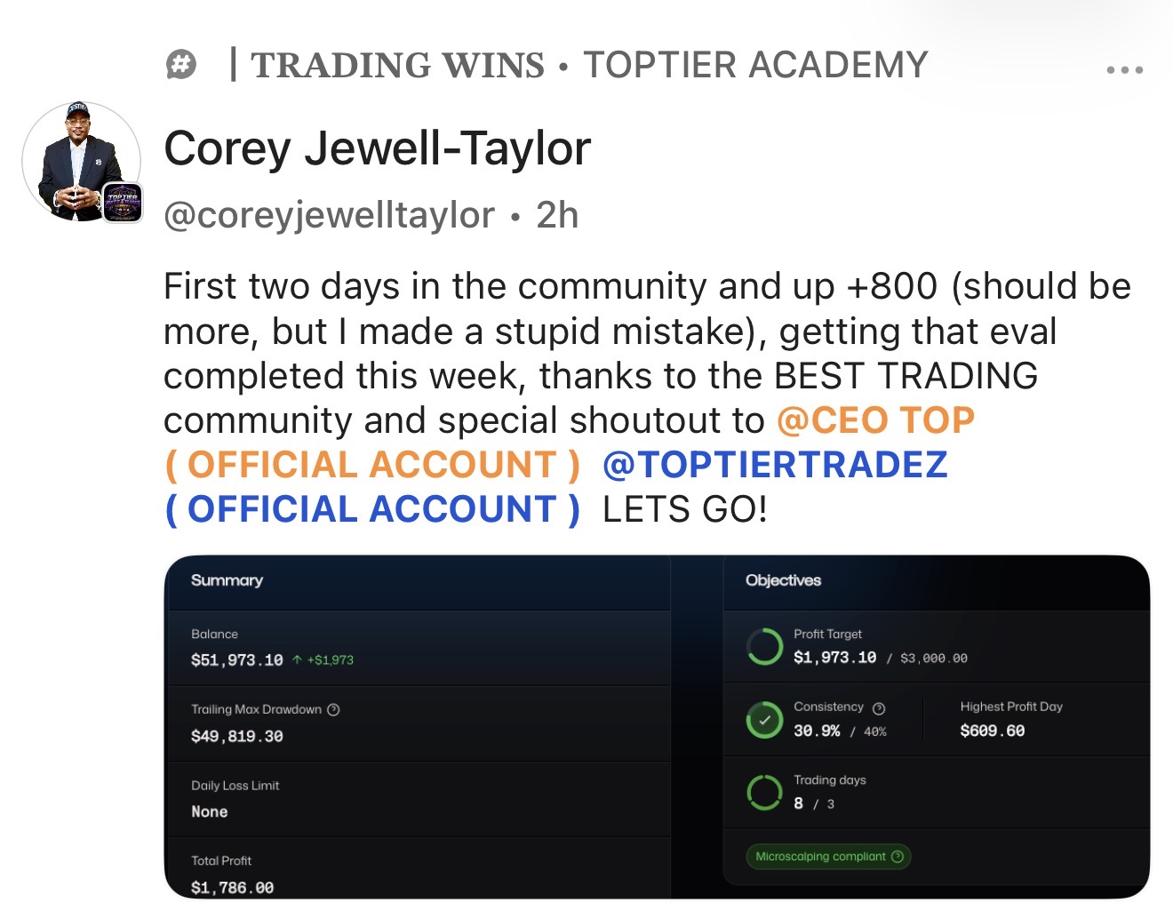 @coreyjewelltaylor β First two days in the community and up +$800 β eval on the way