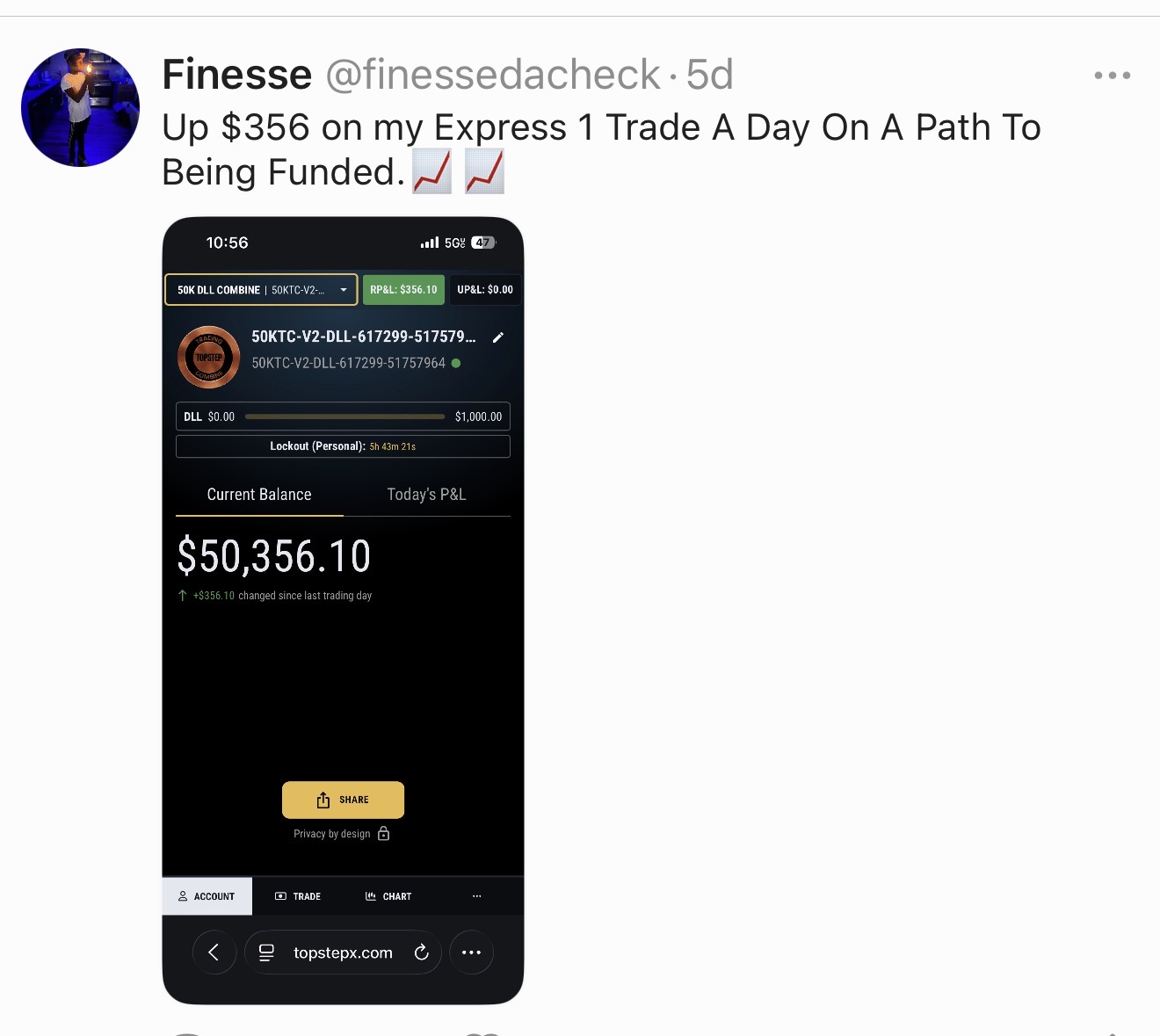 @finessedacheck β Up $356 on Express β 1 trade a day to funded